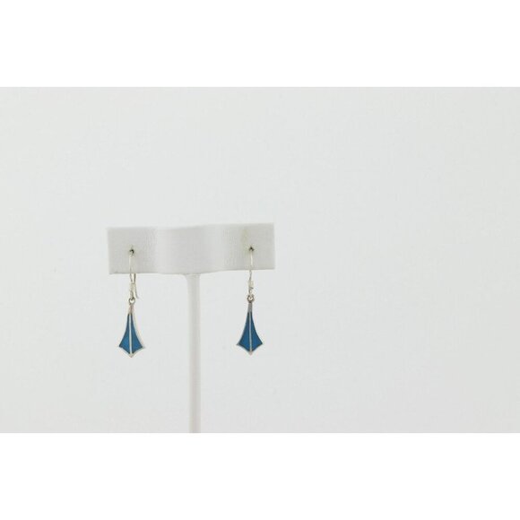 Sterling Silver Inlay Turquoise Earrings Dangle Drop 1 1/4" x 1/4" - Picture 8 of 8